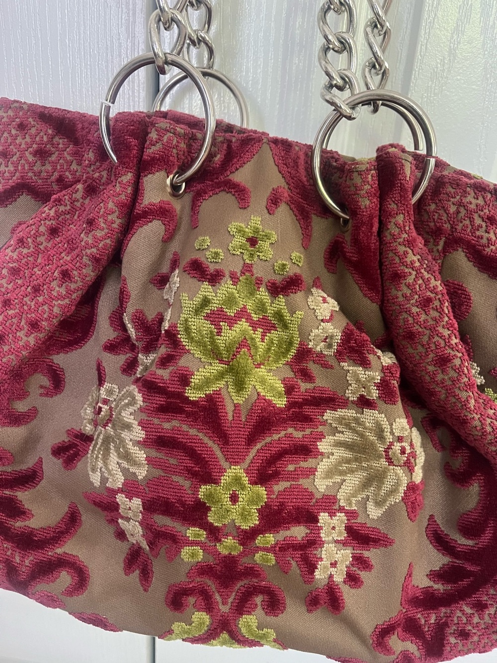 Glenda Gies Embroidered Floral Tote in Berry, Olive & Cream